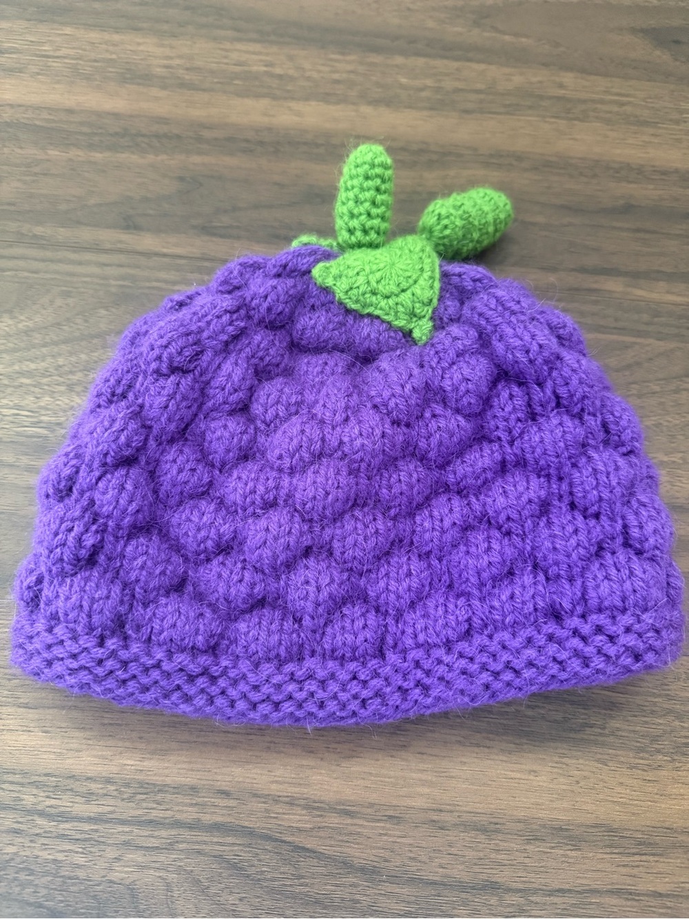 Kids Purple Knit Berry Beanie with Green Leaf Accent